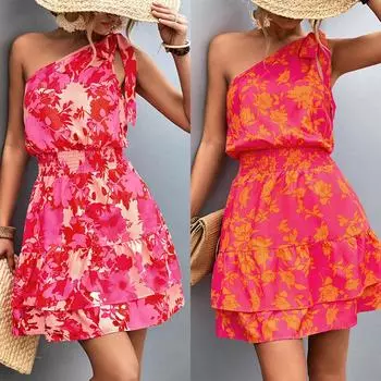 Женское модное повседневное платье, летнее весеннее платье с принтом, уличная одежда на одно плечо с цветочным принтом, уличное мини-платье без рукавов S розы красного
