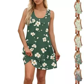 Женское модное повседневное платье-майка с цветочным принтом и маленькими карманами L армия зеленый