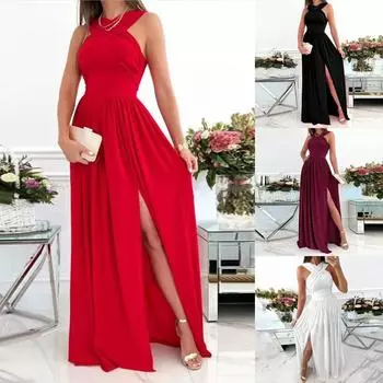 Женское модное повседневное платье макси без рукавов, элегантное длинное платье с разрезом, вечернее платье S красный