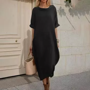 Женское модное повседневное платье макси из хлопка и льна с круглым вырезом, однотонное, для гавайской пляжной коктейльной вечеринки L чёрный