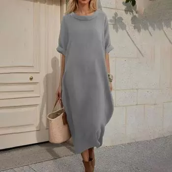 Женское модное повседневное платье макси из хлопка и льна с круглым вырезом, однотонное, для гавайской пляжной коктейльной вечеринки XL