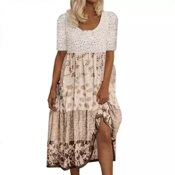 Женское модное повседневное платье макси с цветочным принтом в стиле бохо с коротким рукавом и круглым вырезом, пляжное струящееся пляжное платье для вечеринок XL