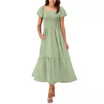 Женское модное повседневное платье макси с квадратным вырезом, рукавами-колокольчиками, оборками и карманами XL