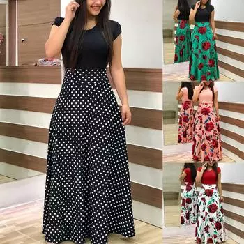 Женское модное повседневное платье макси с цветочным принтом и коротким рукавом, длинное платье макси L чёрный