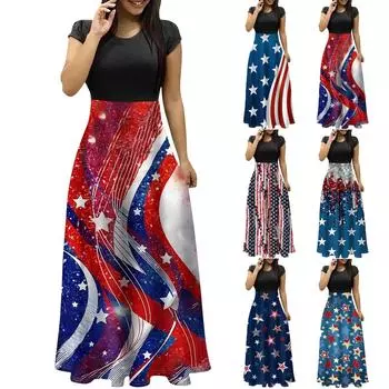 Женское модное повседневное платье макси с круглым вырезом и короткими рукавами с принтом L синий