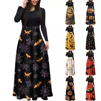 Женское модное повседневное платье макси с круглым вырезом и длинными рукавами S тёмно-синий