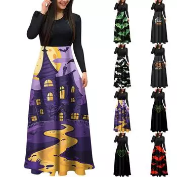 Женское модное повседневное платье макси с круглым вырезом и длинными рукавами L армия зеленый