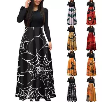 Женское модное повседневное платье макси с круглым вырезом и длинными рукавами L чёрный