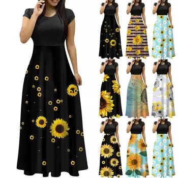 Женское модное повседневное платье макси с круглым вырезом и короткими рукавами с принтом L чёрный