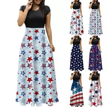 Женское модное повседневное платье макси с круглым вырезом и короткими рукавами с принтом XXL