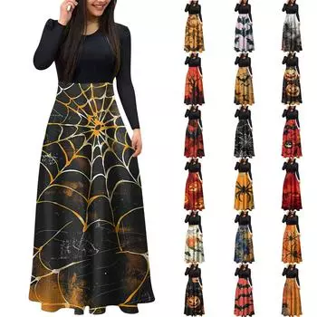 Женское модное повседневное платье макси с круглым вырезом и длинными рукавами XXL бежевый