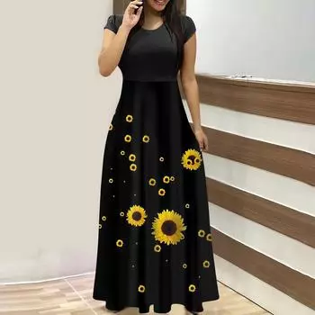 Женское модное повседневное платье макси с круглым вырезом и короткими рукавами с принтом L чёрный