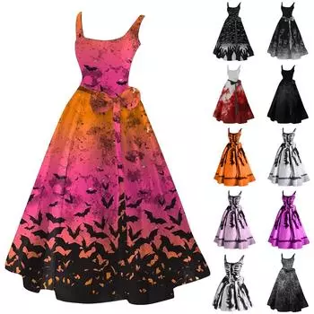 Женское модное повседневное платье макси с круглым вырезом и длинными рукавами на Хэллоуин L