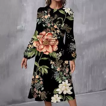 Женское модное повседневное платье миди с круглым вырезом и длинными рукавами L армия зеленый