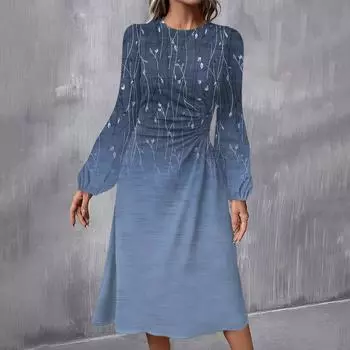 Женское модное повседневное платье миди с круглым вырезом и длинными рукавами L синий