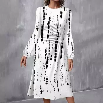 Женское модное повседневное платье миди с круглым вырезом и длинными рукавами L чёрный