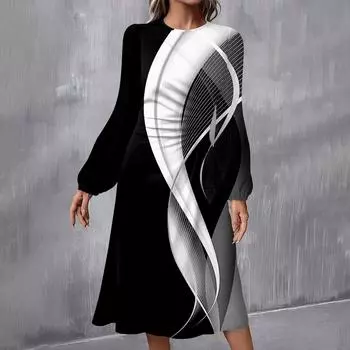 Женское модное повседневное платье миди с круглым вырезом и длинными рукавами L чёрный