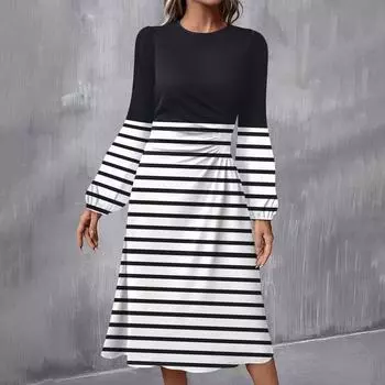 Женское модное повседневное платье миди с круглым вырезом и длинными рукавами L чёрный