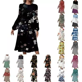 Женское модное повседневное платье миди с круглым вырезом и длинными рукавами L армия зеленый