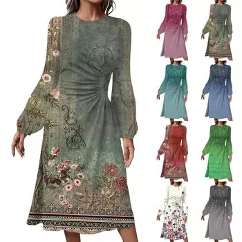 Женское модное повседневное платье миди с круглым вырезом и длинными рукавами L синий