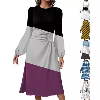 Женское модное повседневное платье миди с круглым вырезом и длинными рукавами L чёрный