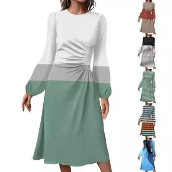 Женское модное повседневное платье миди с круглым вырезом и длинными рукавами L чёрный