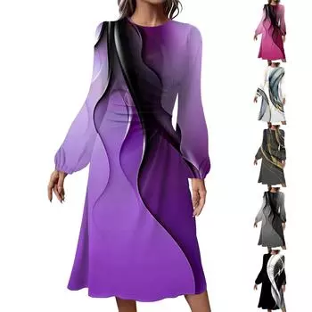 Женское модное повседневное платье миди с круглым вырезом и длинными рукавами L чёрный