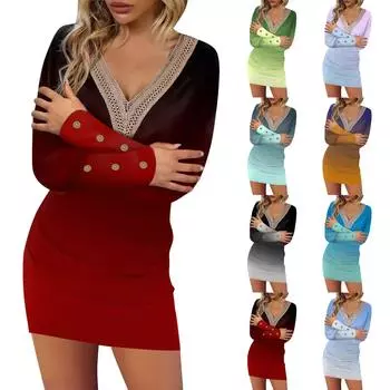 Женское модное повседневное платье на пуговицах с длинным рукавом и v-образным вырезом с градиентным принтом L красный