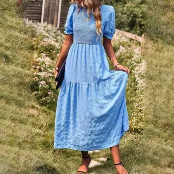 Женское модное повседневное платье однотонного цвета с круглым вырезом и короткими рукавами L синий