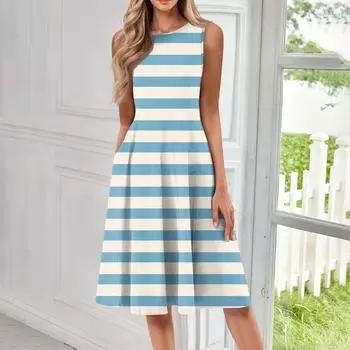 Женское модное повседневное платье-пуловер с круглым вырезом без рукавов и принтом средней длины L синий