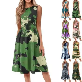 Женское модное повседневное платье-пуловер с круглым вырезом без рукавов и принтом средней длины L армия зеленый