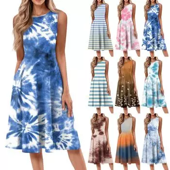 Женское модное повседневное платье-пуловер с круглым вырезом без рукавов и принтом средней длины L синий