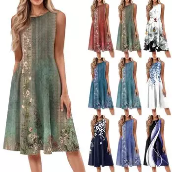 Женское модное повседневное платье-пуловер с круглым вырезом без рукавов и принтом средней длины L армия зеленый