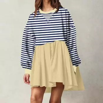 Женское модное повседневное платье с цветными блоками и полосатым принтом, круглым вырезом и длинными рукавами L бежевый