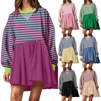 Женское модное повседневное платье с цветными блоками и полосатым принтом, круглым вырезом и длинными рукавами XL бежевый