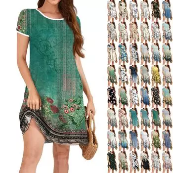 Женское модное повседневное платье с цветочным принтом, круглым вырезом, короткими рукавами, мини-юбкой L бежевый