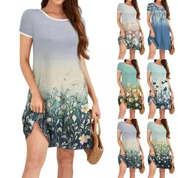 Женское модное повседневное платье с цветочным принтом, круглым вырезом, короткими рукавами, мини-юбкой L синий