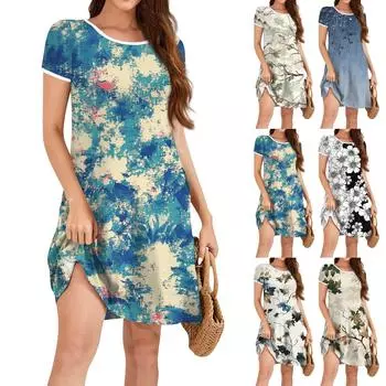 Женское модное повседневное платье с цветочным принтом, круглым вырезом, короткими рукавами, мини-юбкой L синий