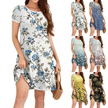 Женское модное повседневное платье с цветочным принтом, круглым вырезом, короткими рукавами, мини-юбкой L чёрный