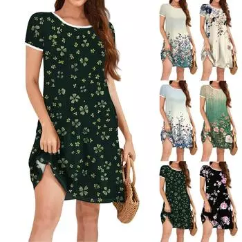 Женское модное повседневное платье с цветочным принтом, круглым вырезом, короткими рукавами, мини-юбкой L бежевый