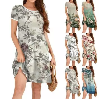 Женское модное повседневное платье с цветочным принтом, круглым вырезом, короткими рукавами, мини-юбкой L зелёный