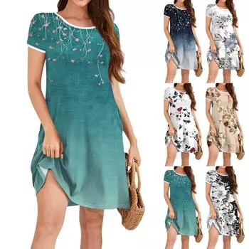 Женское модное повседневное платье с цветочным принтом, круглым вырезом, короткими рукавами, мини-юбкой L чёрный