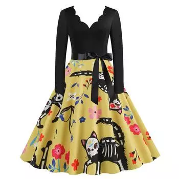 Женское модное повседневное платье с длинным рукавом и v-образным вырезом с принтом на Хэллоуин XL