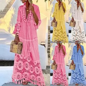 Женское модное повседневное платье с длинным рукавом и кисточками в богемном стиле с v-образным вырезом и кружевным платьем больших размеров XXL синий