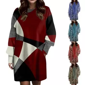 Женское модное повседневное платье с длинным рукавом, круглым вырезом и карманом с принтом L синий