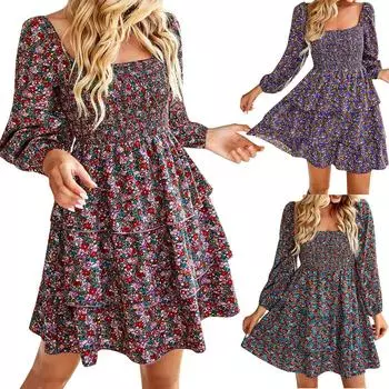 Женское модное повседневное платье с длинным рукавом и французским квадратным воротником с принтом S красный