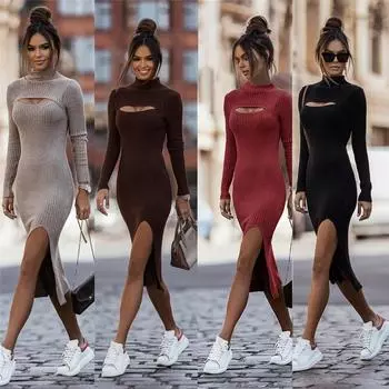 Женское модное повседневное платье с длинным рукавом и воротником-стойкой, сексуальное, узкое, с разрезом S чёрный