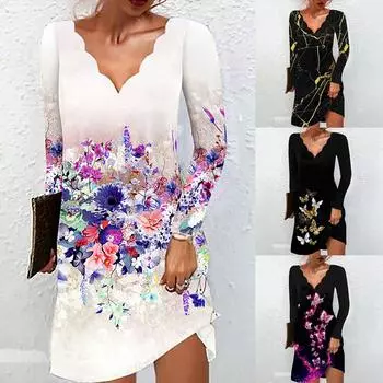 Женское модное повседневное платье с длинными рукавами и принтом с V-образным вырезом XXL золотой