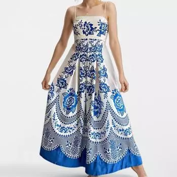 Женское модное повседневное платье с длинными рукавами и карманами в стиле бохо с принтом и длинной юбкой L