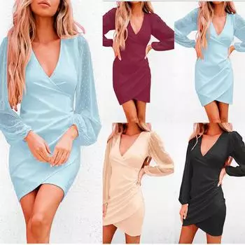 Женское модное повседневное платье с глубоким v-образным вырезом и длинными рукавами, облегающее сексуальное платье с запахом на бедрах, нерегулярное платье S бежевый